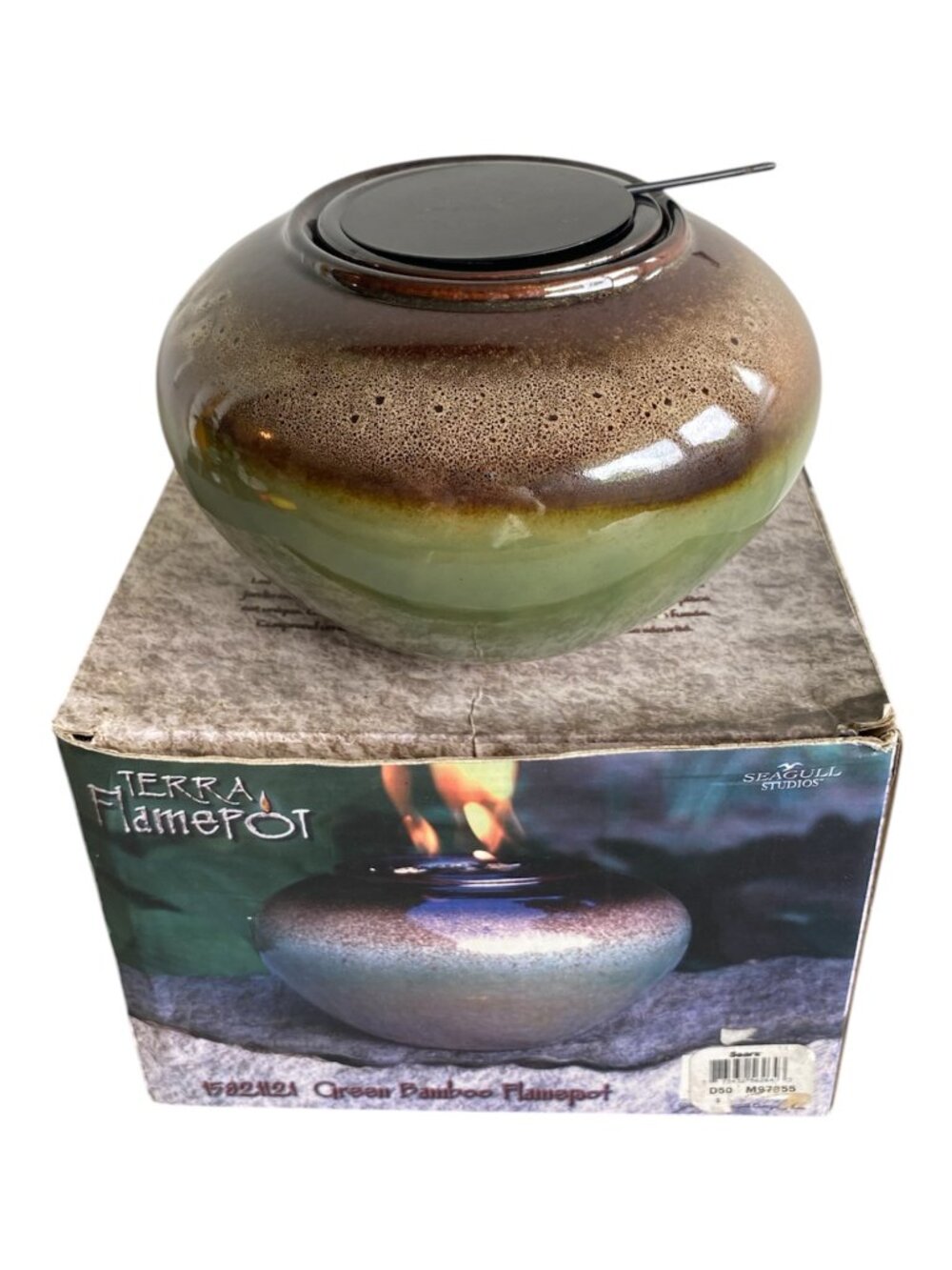 Seagull Studios Hand Painted Ceramic Terra Flamepot Green Ceramic Fire Bowl